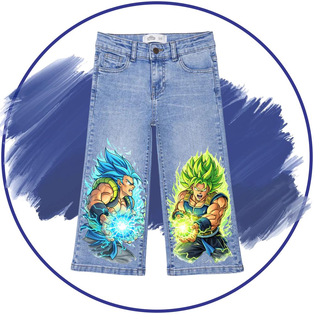 Denim pants with anime character and text on a white background