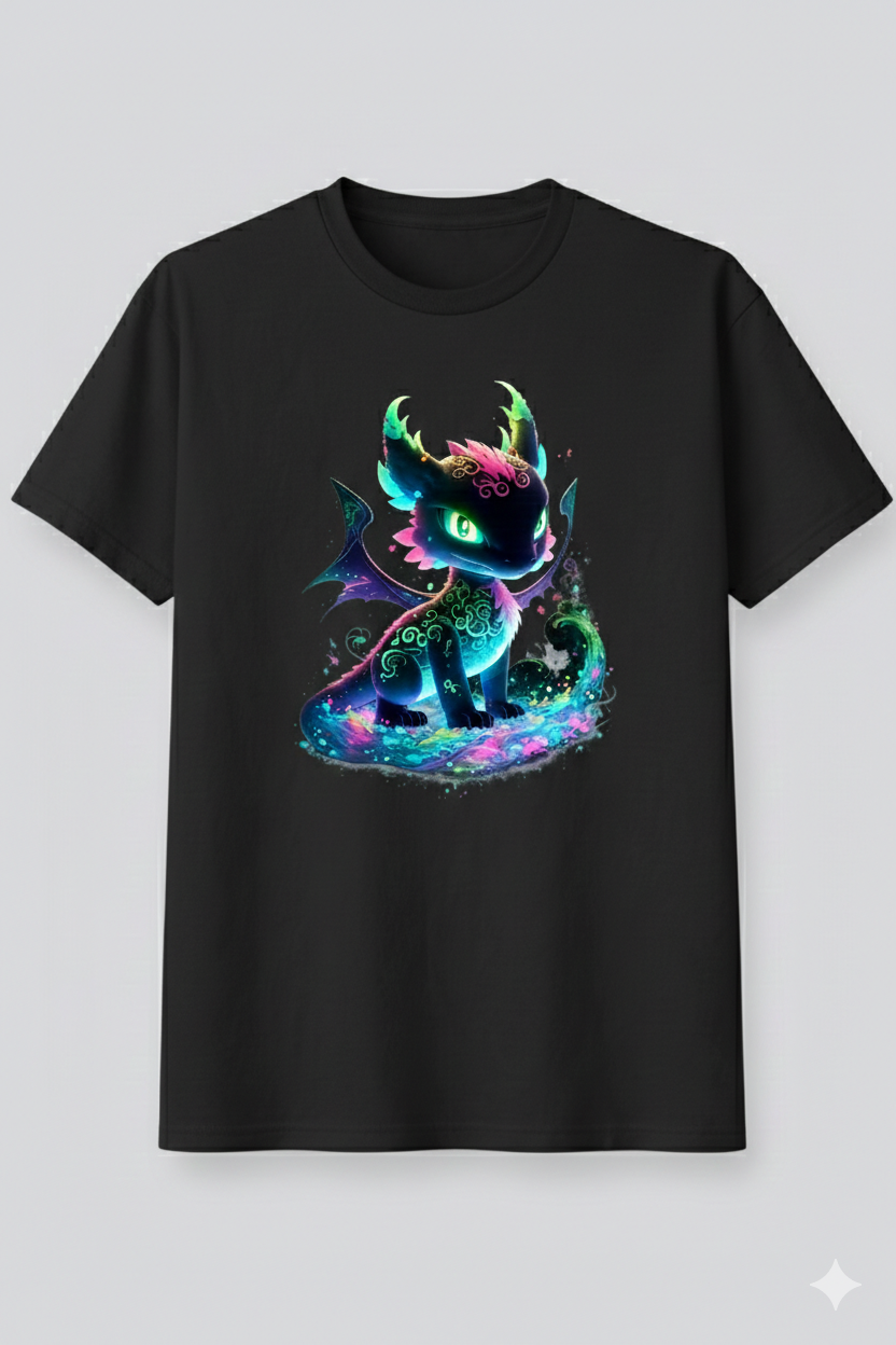 Black t-shirt with a colorful dragon graphic on a white background