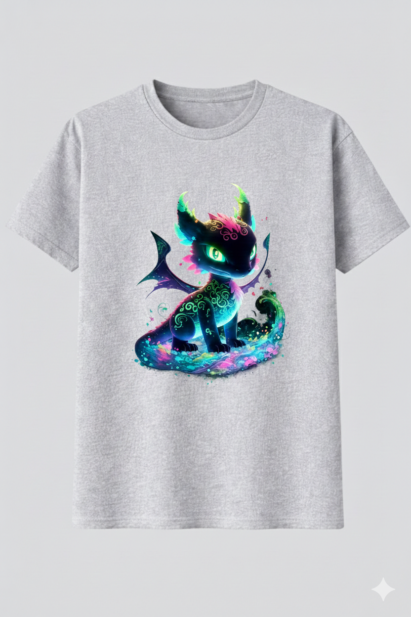 Gray t-shirt with a colorful dragon graphic on a light gray background