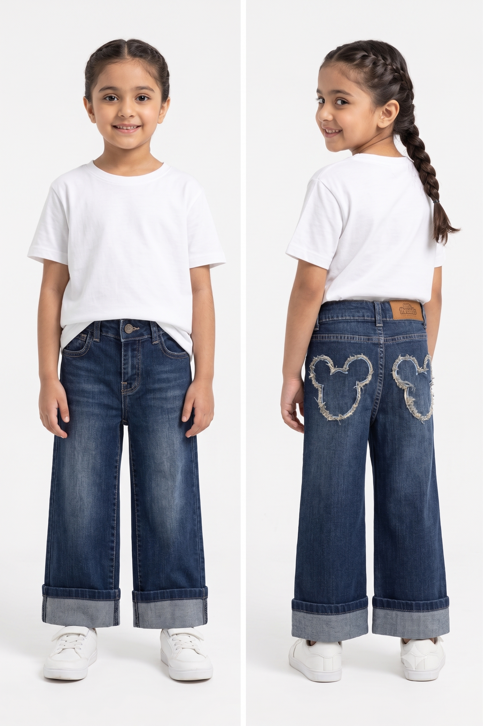Mickey Embroidered Pocket  Wide Leg Jeans