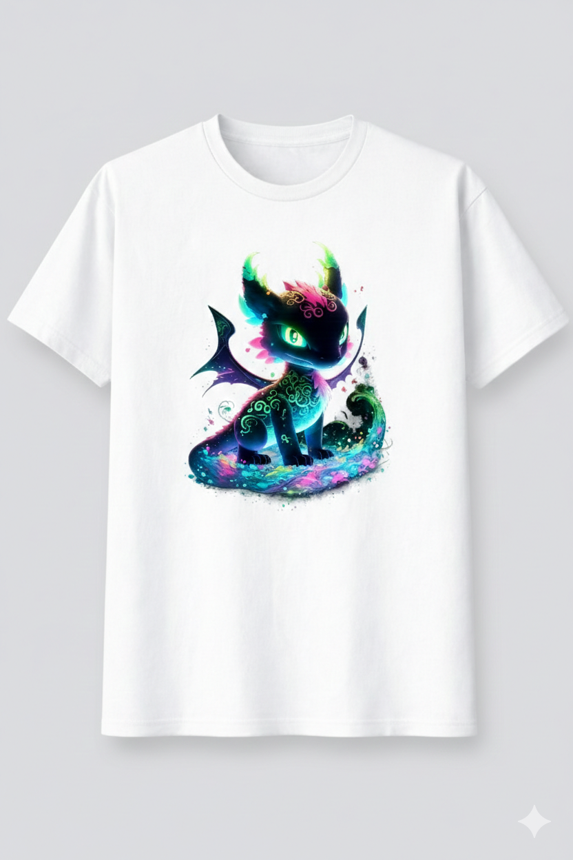 White t-shirt with a colorful dragon graphic on a gray background