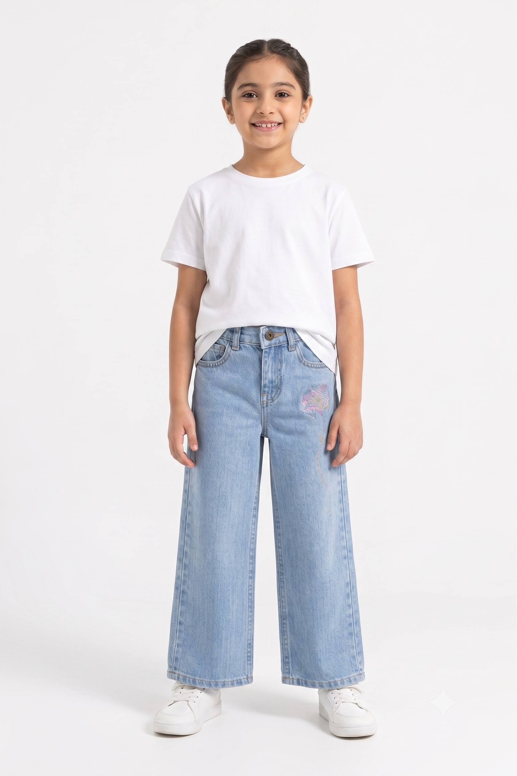 Light Blue Flower Wide Leg Jeans