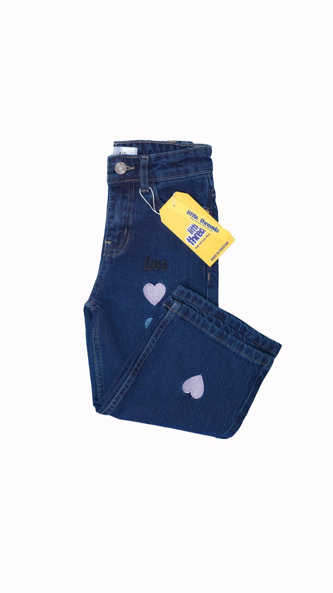 Girls' Embellished Dark Blue Flared Jeans – Playful & Fashionable - Little Threads