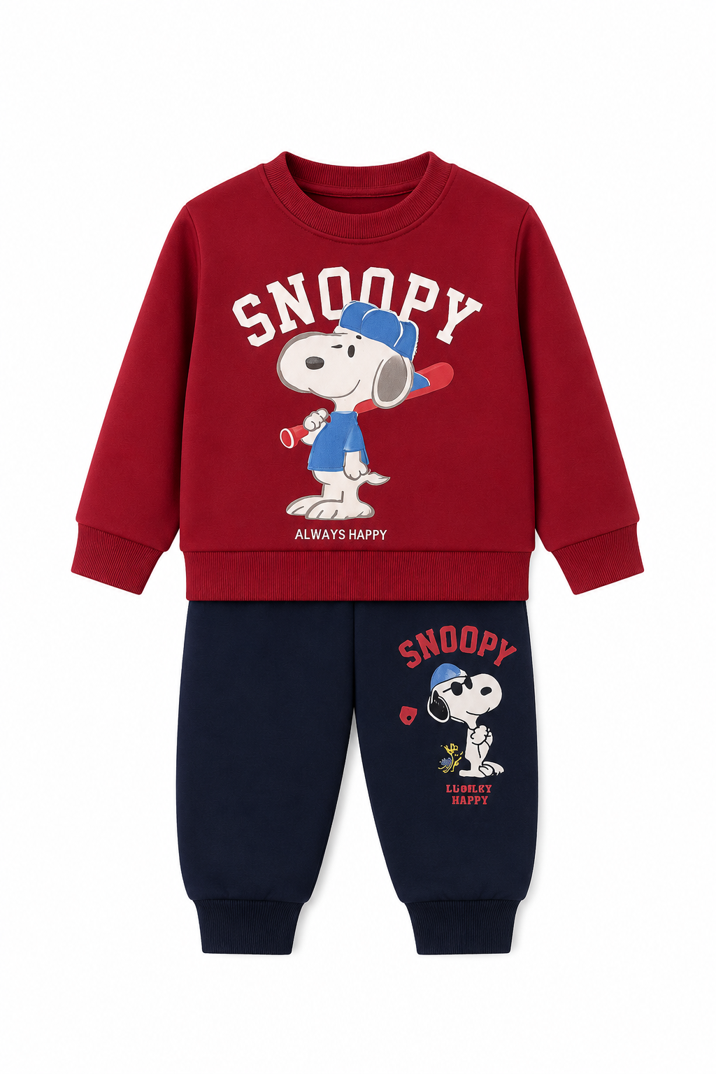 A two-piece children's Snoopy sweatshirt and jogger pants set. The sweatshirt is red with a large white Snoopy graphic and text on the front.