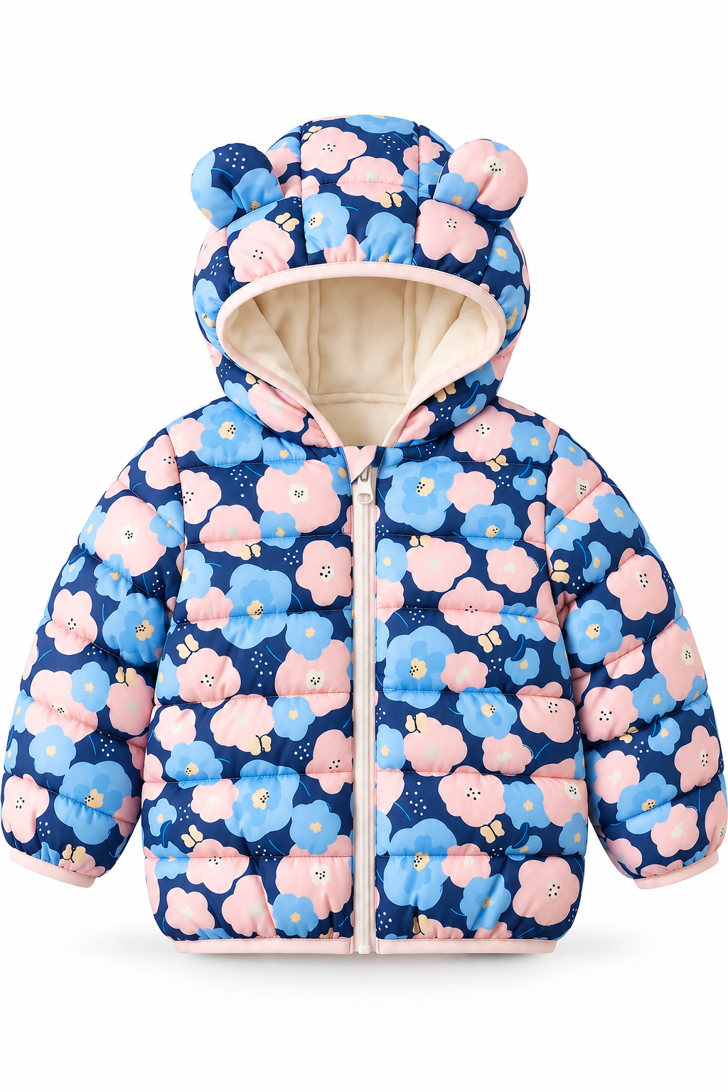 Blossom Breeze Blue Puffer Jacket for kids with pink and blue floral print and bear-ear hood