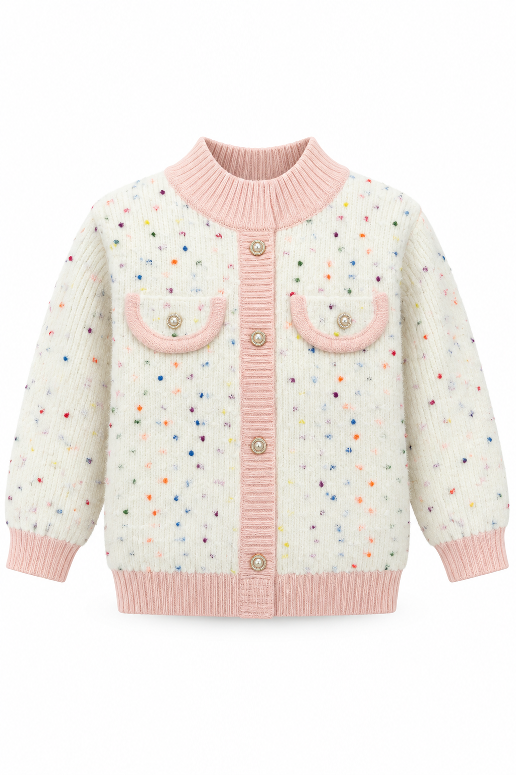 Confetti Blush Knit Cardigan for kids in ivory with pink trim and multicolor speckled knit