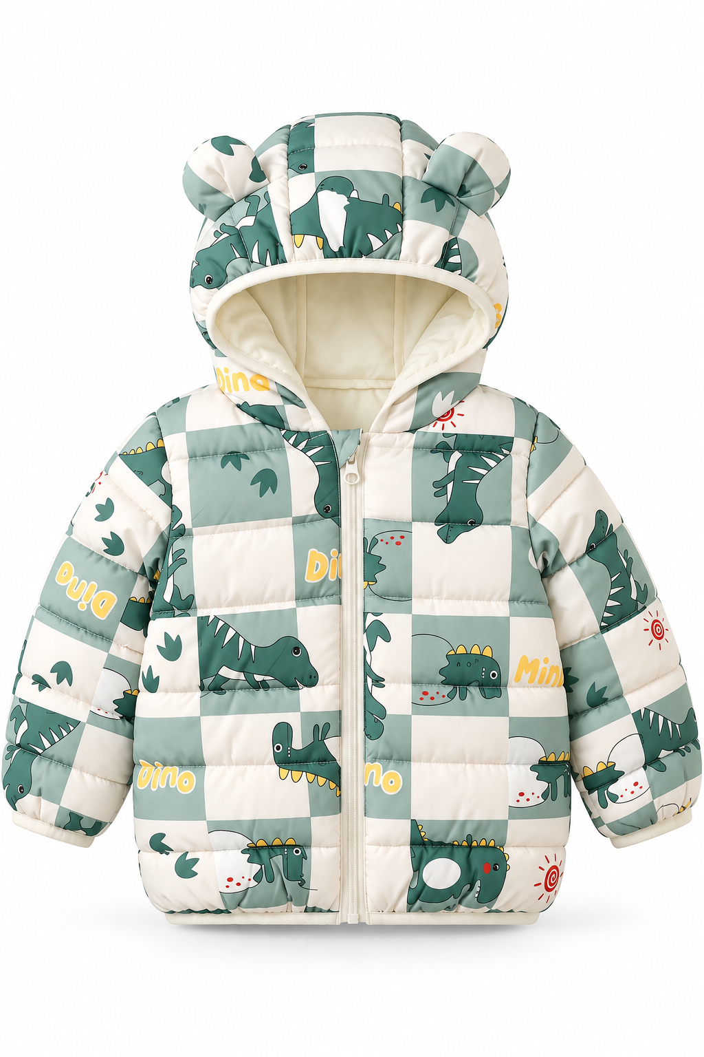 Dino Check Adventure Puffer Jacket for kids with green dinosaur print and bear-ear hood