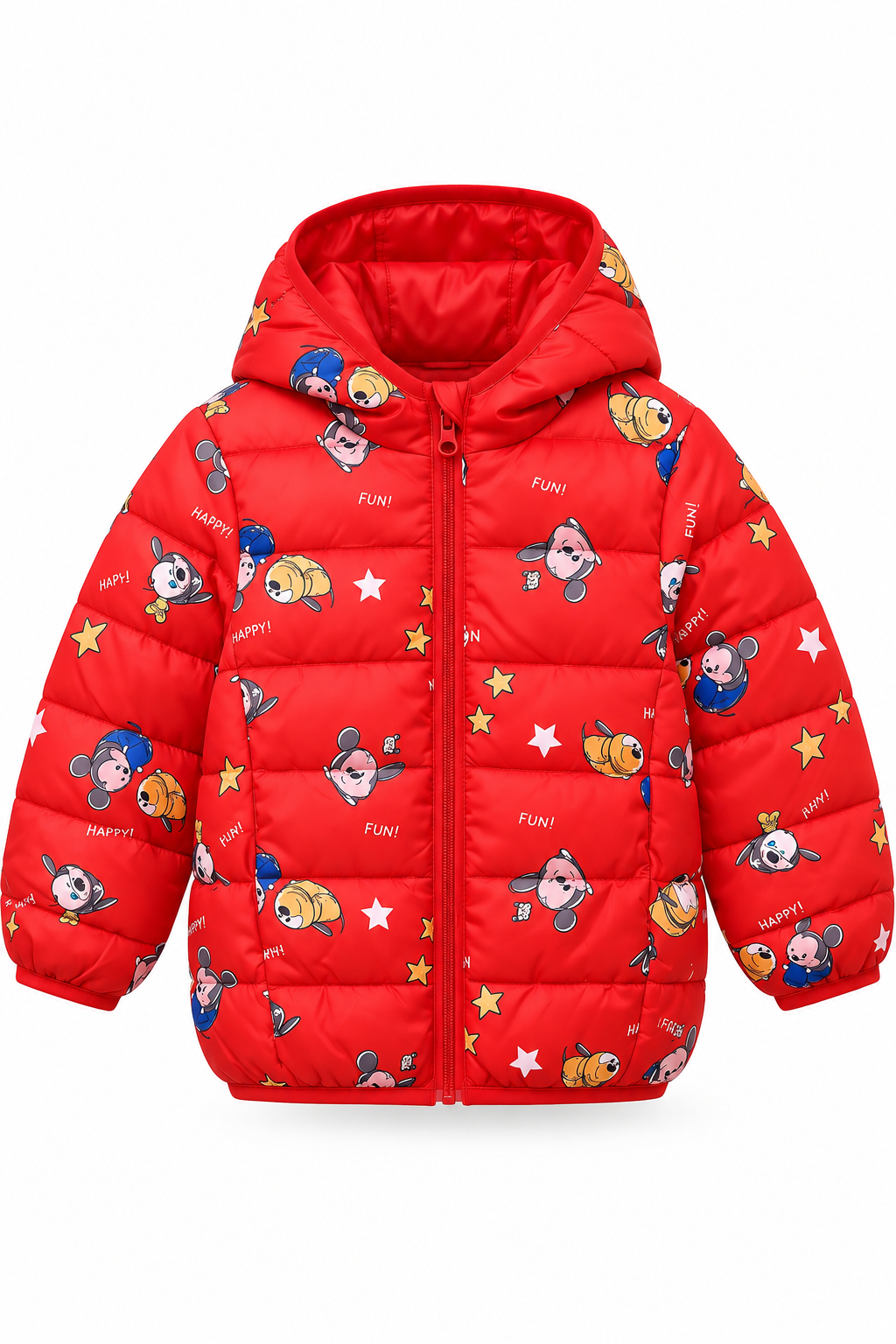 Happy Stars Red Puffer Jacket for kids with playful character and star print