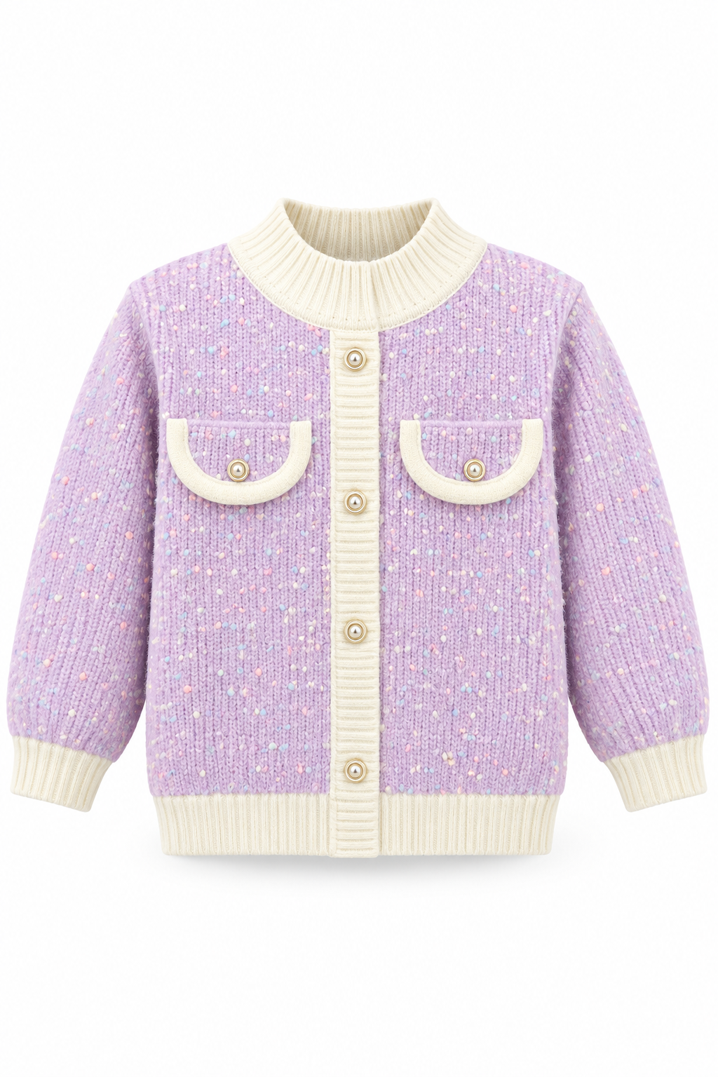 Lilac Confetti Knit Cardigan for kids with cream trim and multicolour speckled knit