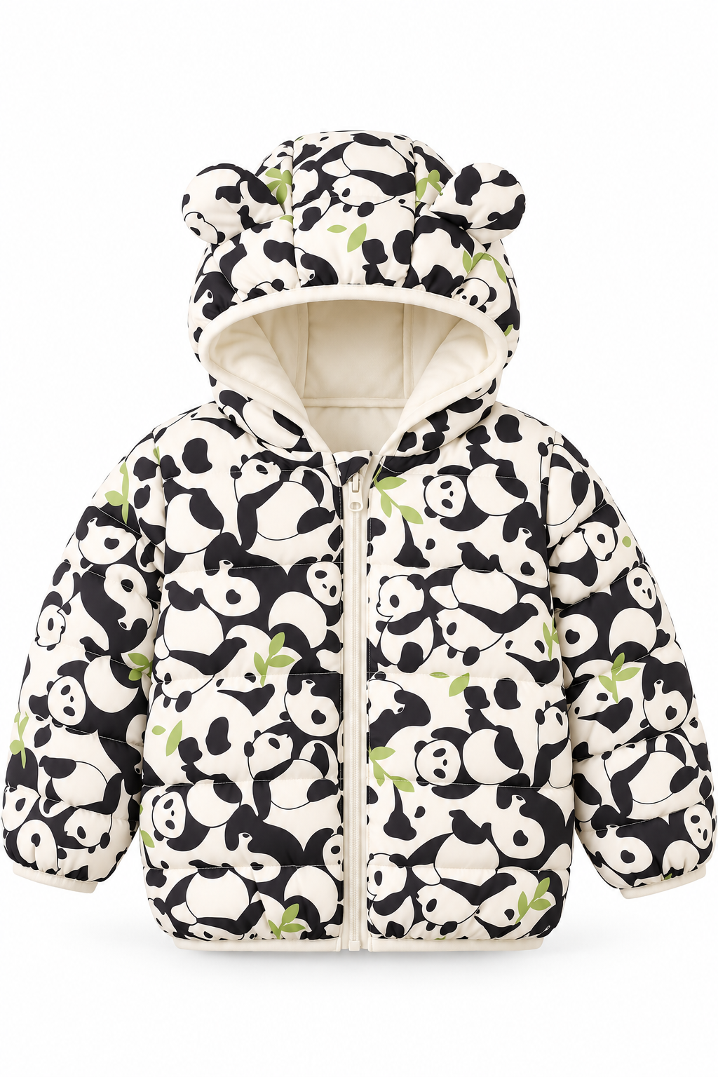 Panda Grove Cream Puffer Jacket for kids with panda print and bear-ear hood