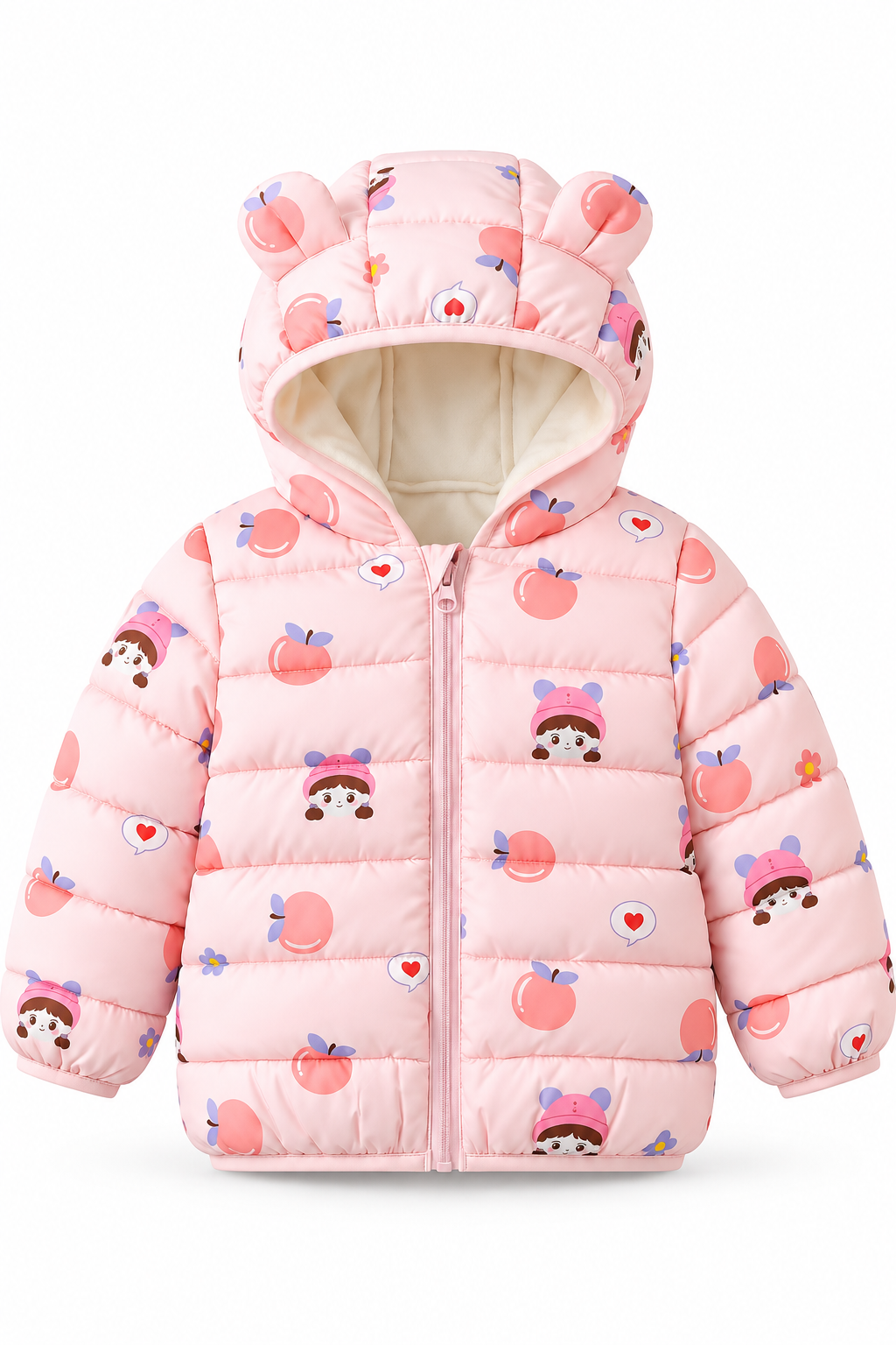 Peachy Pals Pink Puffer Jacket for kids with peach and character print