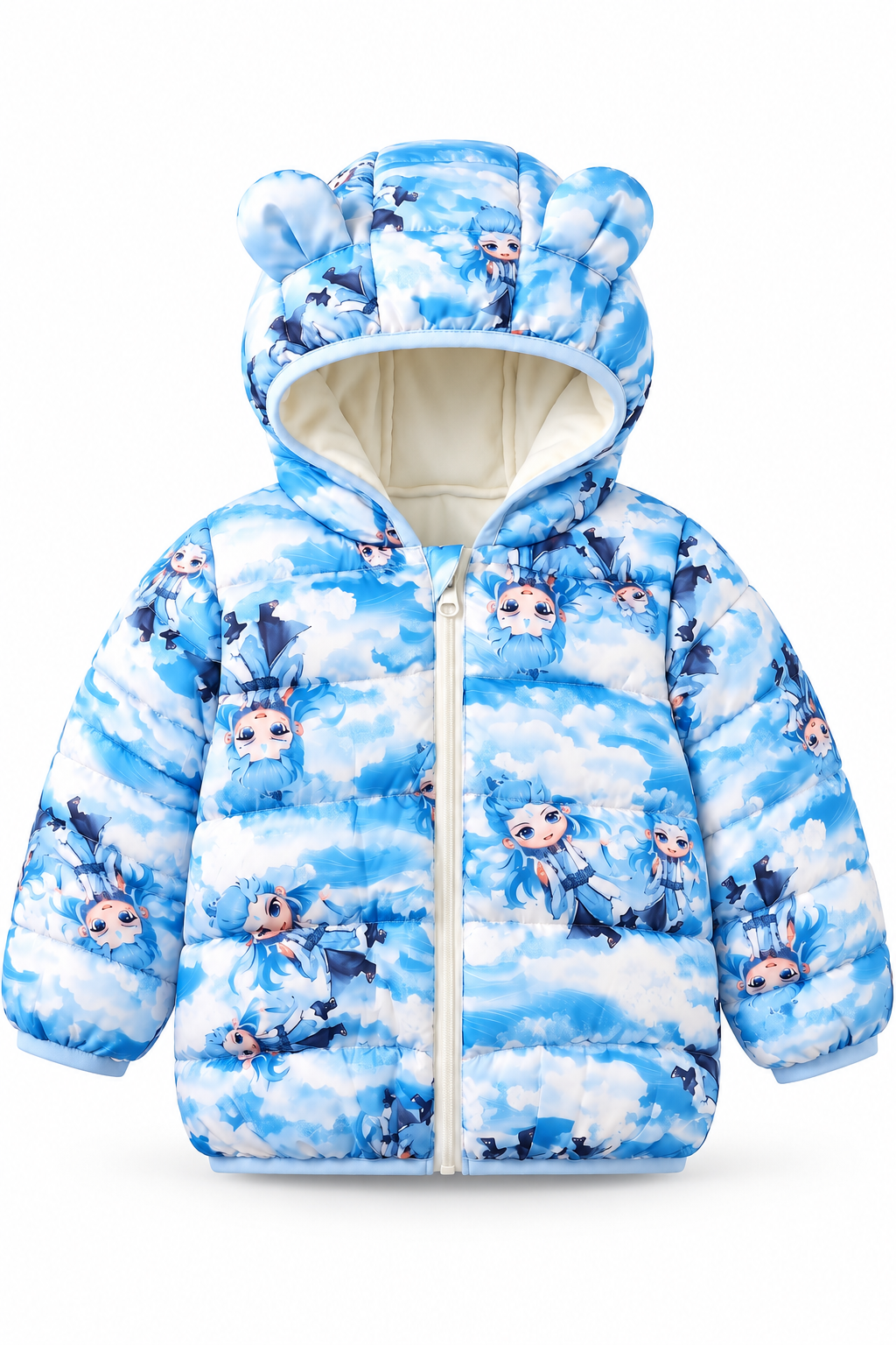 Skybound Buddy Blue Puffer Jacket for kids with blue character print and bear-ear hood