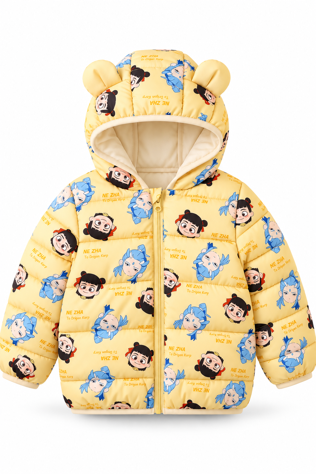 Sunshine Duo Yellow Puffer Jacket for kids with illustrated character print and bear-ear hood