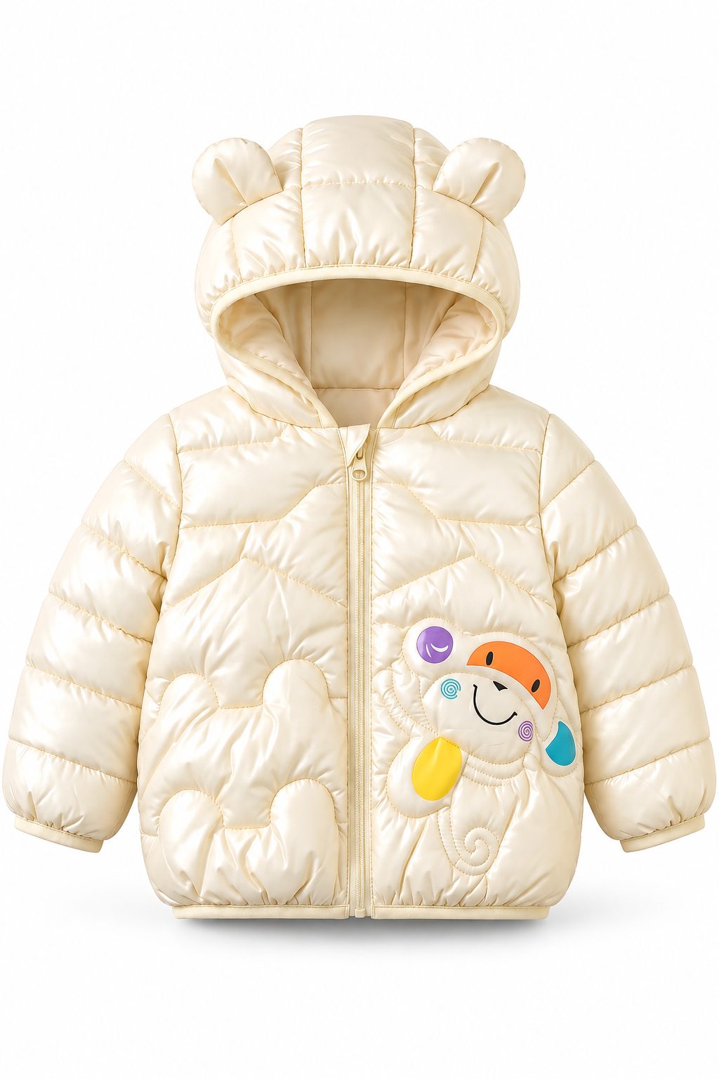 Swirly Buddy Cream Puffer Jacket for kids with colorful character detail