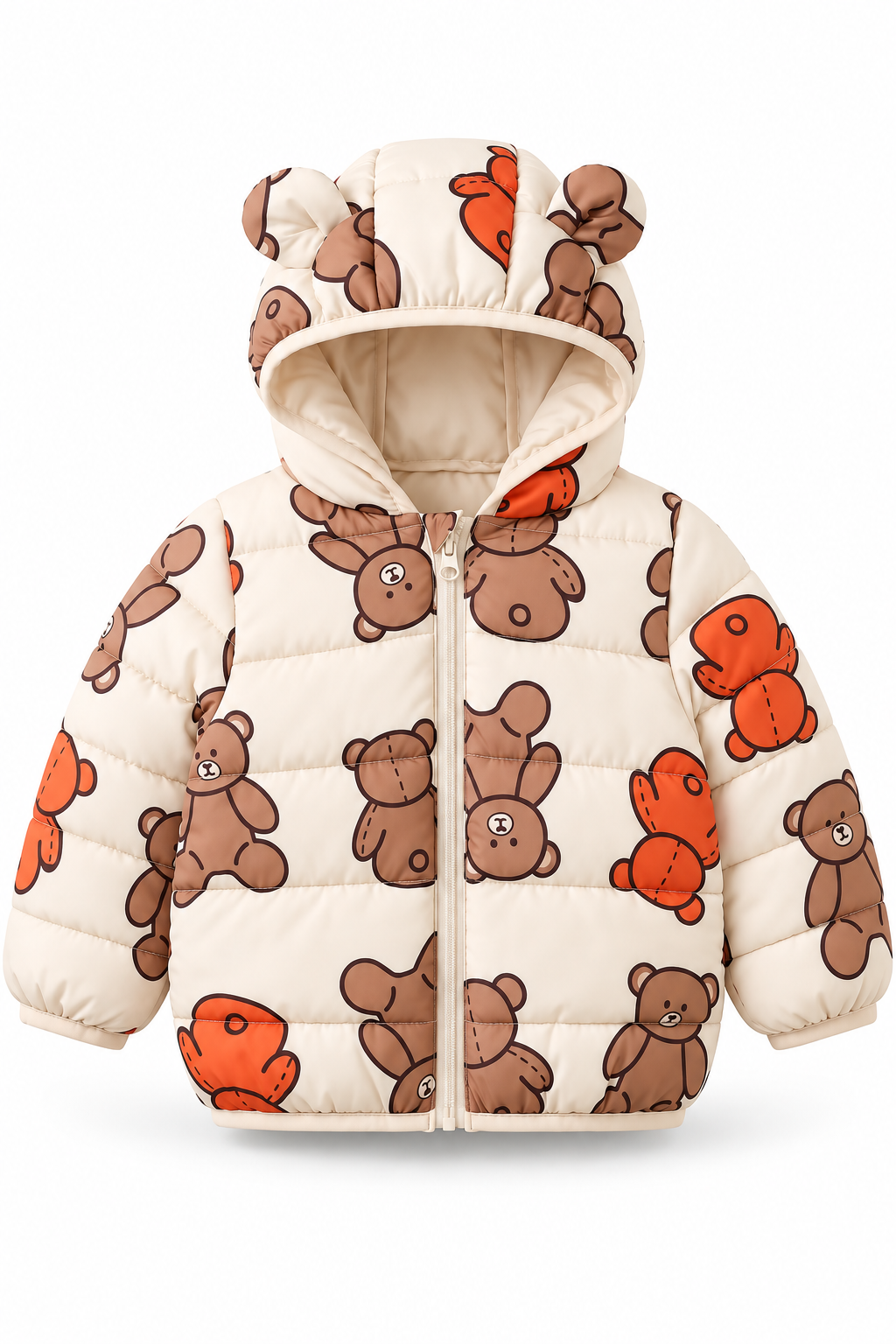 Teddy Parade Puffer Jacket for kids in cream with teddy bear print